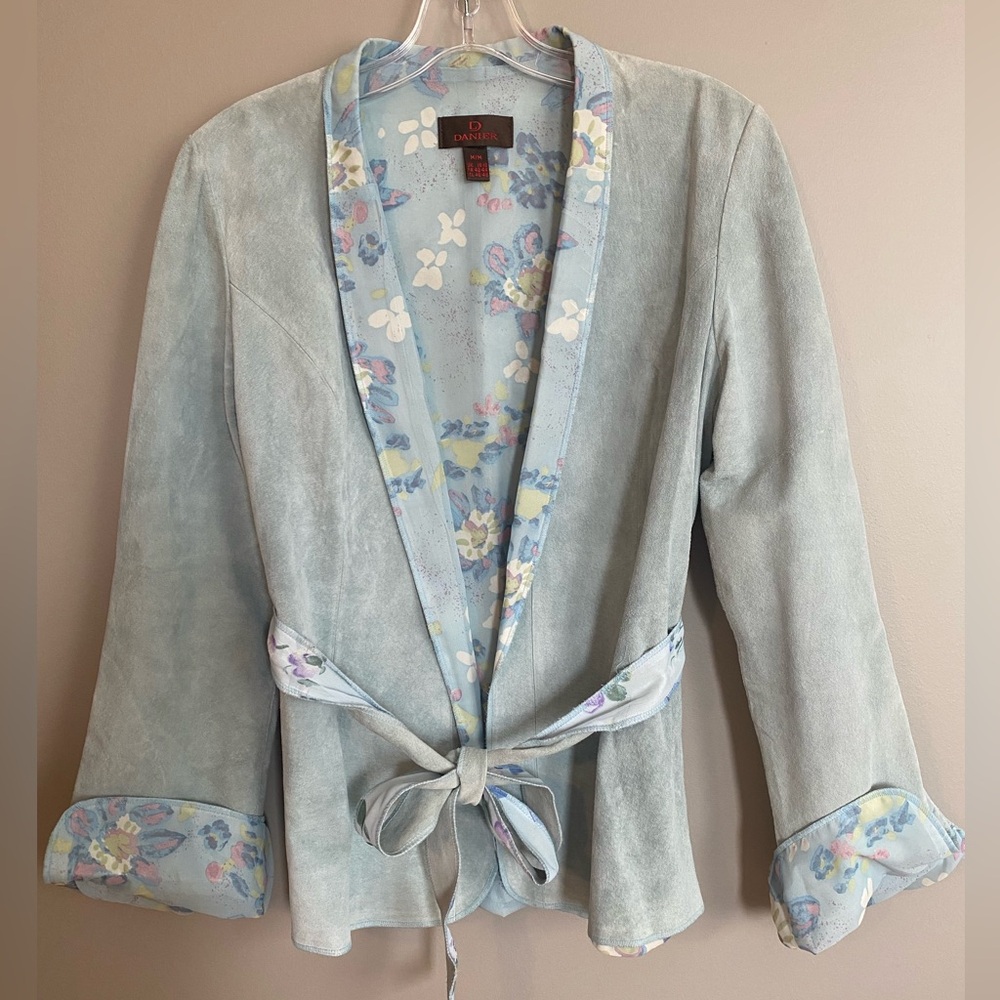 Danier Vintage Y2K Suede Blazer Light Blue with Floral Belted Jacket Size M